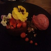 Warm orange polenta cake, mixed berry sorbet, strawberries - $14 (sorry about the bad lighting) at Assaggini in Mornington