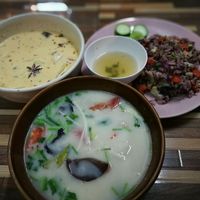 Massaman curry, Tom ka mushroom, 5 colour fried rice  at Bee Vegan in Chiang Mai
