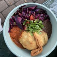 Samosa with sauces (12 zl) & salad (10 zl) for takeaway   at Hariprasad Samosa & Curry in Krakow