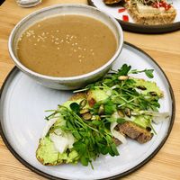 Soup, with green-pea hummus sandwich  at Knol & Kool Bistro & Superet in Ghent