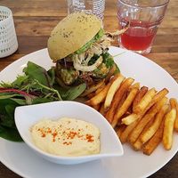 Vegan burger with fries and mayo at Hope in Paris