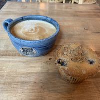Huge latte and huge blueberry muffin  at Rock Hill Bakehouse Cafe in Glens Falls
