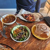 Cinnamon roll, pizza, chili and super special sald  at Rock Hill Bakehouse Cafe in Glens Falls