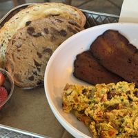Mushy Scramble, floppy bakon, 2 types of toast and fruit.  at Rock Hill Bakehouse Cafe in Glens Falls
