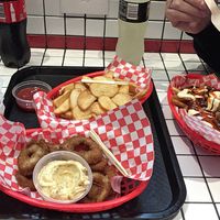 AB, burger, chunky fries & onion rings! at Lord of the Fries - Hindley St in Adelaide