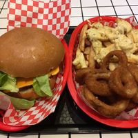 The Lot with Beyond Patty, chunky fries with onion rings & Indian sauce!! at Lord of the Fries - Hindley St in Adelaide