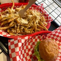 Chips with cheese and gravy + burger! Yum  at Lord of the Fries - Hindley St in Adelaide
