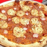 Apricot lentil chili base topped with chive cashew vegan mascarpone and local radishes.  at Pompieri Pizza in Durham