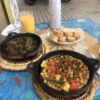 Mushroom, artichoke and aubergine tagine. Chickpea and veg tagine.   at Le Corail Vegan Food in Essaouira