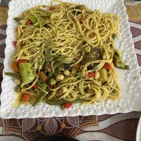 “Spaghetti” (Curry flavoured with a mismatch of cooked vegetables and chickpeas)  at Le Corail Vegan Food in Essaouira