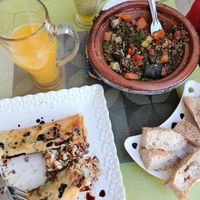 Spring Rolls, Vegetable tagine, Orange juice at Le Corail Vegan Food in Essaouira