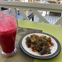 Beet smoothie and eggplant salad  at Le Corail Vegan Food in Essaouira