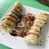Aubergine, mushroom & artichoke spring rolls  at Le Corail Vegan Food in Essaouira
