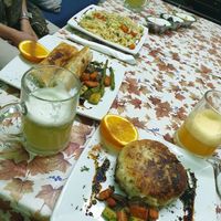 Noodles, springrolls, veggie burger at Le Corail Vegan Food in Essaouira