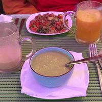 Grogeous Cream.soup with zuchini. Lentils salade. Nuts banana juice + carrot ginger orange juice. OMG so good! at Le Corail at Latifa in Essaouira