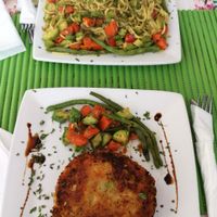 Vegan burger and spaghetti with vegetables at Le Corail at Latifa in Essaouira