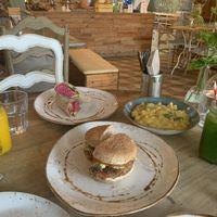 Bean Burger, Beetroot Hummus and avocado wrap and vegan Mac and Cheese  at Little Erth in Dubai