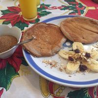 Whole wheat banana pancakes (made especially vegan- you have to ask) at Maiz- Canela and Cilantro in Merida
