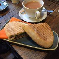 Vegan haggis panini with tomato chutney, red onion, and spinach at Let Me Eat Too in Edinburgh