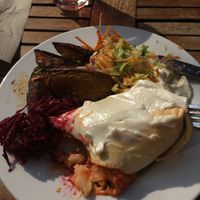 Bean roti with potatoes, pickled beetroot, cabbage, garlic aoli at Iydea in Brighton