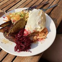 Main (Mexican style roti) with two sides (roast potatoes and I can’t remember the other) at Iydea in Brighton