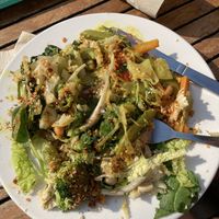 Main (a Thai inspired curry) plus two sides (broccoli with tofu and peanuts, and yummy cabbage dish) at Iydea in Brighton