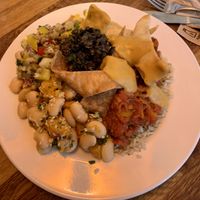 Jackfruit chilli with a lentil salad and butternut squash salad, topped with olive tapenade.  at Iydea in Brighton