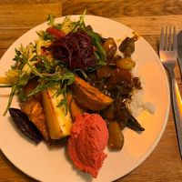 Mushroom stroganoff, vegan pesto pasta salad, picked beetroot and beetroot hummus, vegetable wedges  at Iydea in Brighton