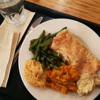 Sweet potato roti with carrot puree, Hummus and sugar snaps at Iydea in Brighton