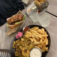 Sharwama plate, Schnitzel in challah and fries  at Goodness in Tel Aviv