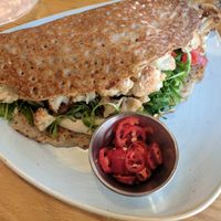 Buckwheat crepe, stuffed with cauliflower, tomato, and greens.  at Goodness in Tel Aviv