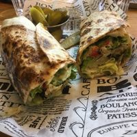 Artichoke Shawarma w/ zucchini, onion, with almonds wrapped in tortilla w/ aioli and roasted sweet pepper at Goodness in Tel Aviv