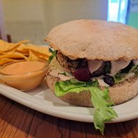 Veggie Burger plus nacho chips at Chilimosa in Tarifa