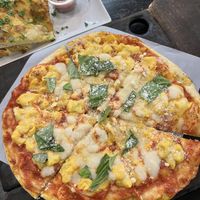 Mac & cheese on the Margherita pizza.  at Virtuous Pie in Portland