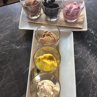 Back flight (L to R):
Salted Caramel Double Chocolate
Charcoal Banana Coconut 
Marionberry Cheesecake 
Front flight (T to B):
Coffee + Donuts 
Turmeric + Black Pepper
Mint + Dark Chocolate at Virtuous Pie in Portland