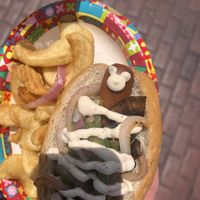 Mickey head they put on the dog with the mustard vegan cream sauce   at Disneyland - Award Weiners in Anaheim