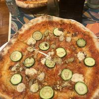 V7: vegan pizza with zucchini, walnuts and artichokes, and vegan mozzerella   at Organic Pizza in Salzburg