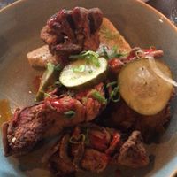 Hot mushrooms! Great spice! Delish pickles! Also got a the truffle cream sauce on the side    at Donna Jean in San Diego