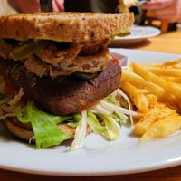Vegan "burger" with chips at Gringo Mike's in San Gil