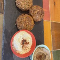Falafel plate with two types of hummus   at Gold Falafel in Osaka
