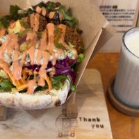 From left to right: Salt Donut, Falafel Pita L, Banana Juice at Gold Falafel in Osaka