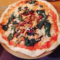 XMAS Day I'm Truffling Pizza - roasted garlic mushrooms, cavalo nero, truffle oil, chilli,
tarragon, root vegetable crisps at The Stable in Birmingham
