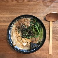 Creamy vegan noodle bowl with tofu, tempeh, leek and nori.  at Ryong in Berlin
