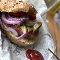 Beyond burger with Vegan American on a Sprout Bun at Bareburger in Rye