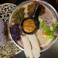 vegan platter with chickpea and Lentil stew for 9€. delicious and generous portion!  at Etiopico Afrika in Gran Canaria