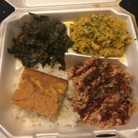 BBQ jackfruit platter with collard greens and Mac & cheese at Soul Good Vegan Cafe in Durham