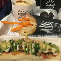 BBQ portobello burger,  ChloeHostess cupcake, sweet and white potato fries, & meatball sandwich. Also had beet ketchup and chipotle aoli.    at By Chloe - Seaport Blvd in Boston