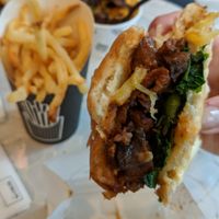 My messy BBQ burger, crappy fries, and mac & cheese. at By Chloe - Seaport Blvd in Boston