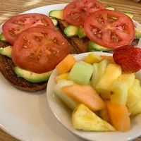 Avocado Toast with fruit at Ernie's Coffe Shop in South Lake Tahoe