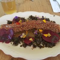 Tempeh with fermented kale, pickled beets, honey tahini sauce at Confluence Kombucha in St Louis